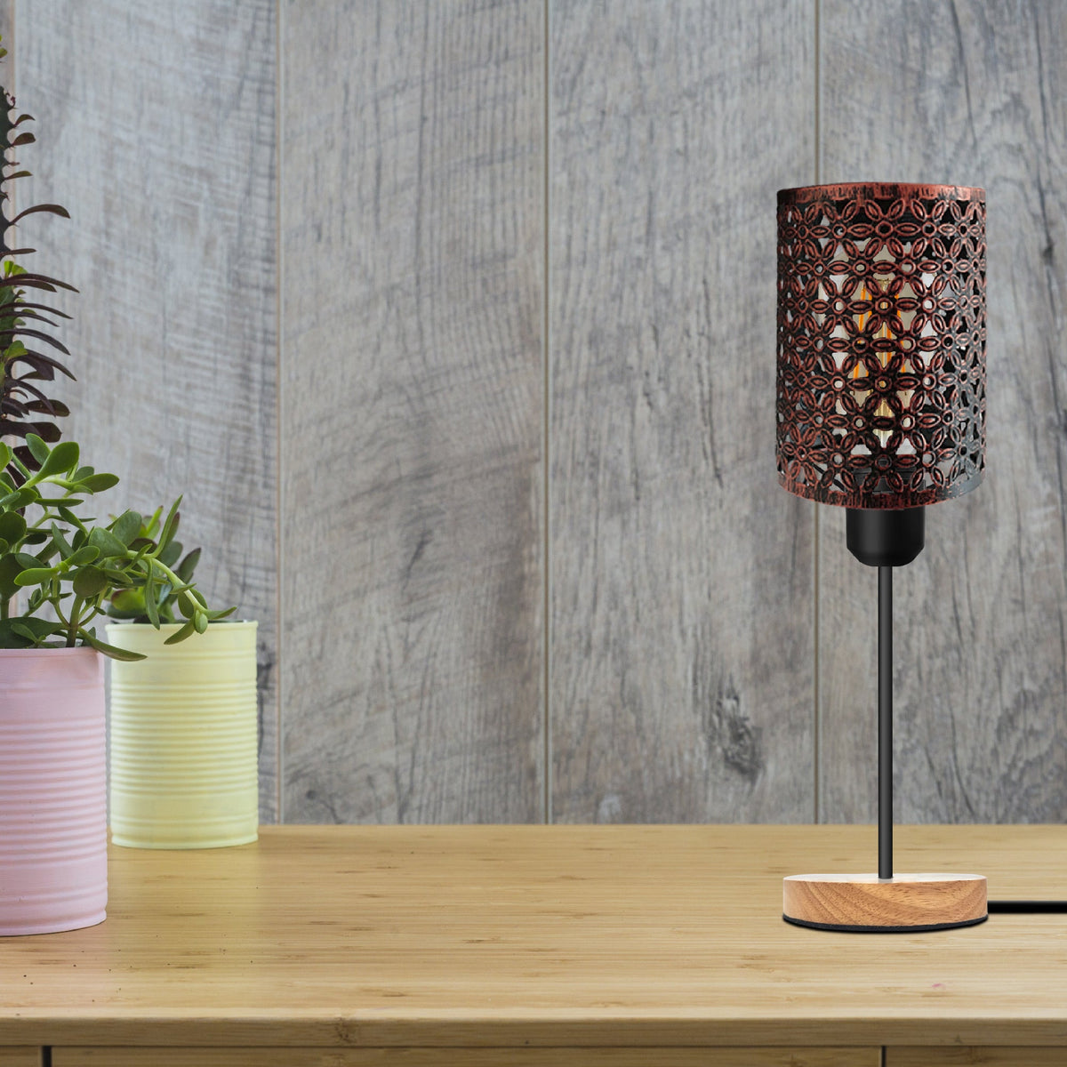Industrial Barrel Cage Table Lamp Wooden Base E27 Plug-In~5349-0