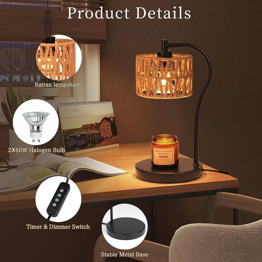 Candle Warmer Lamp With Fully Dimmable Rattan Shade-3