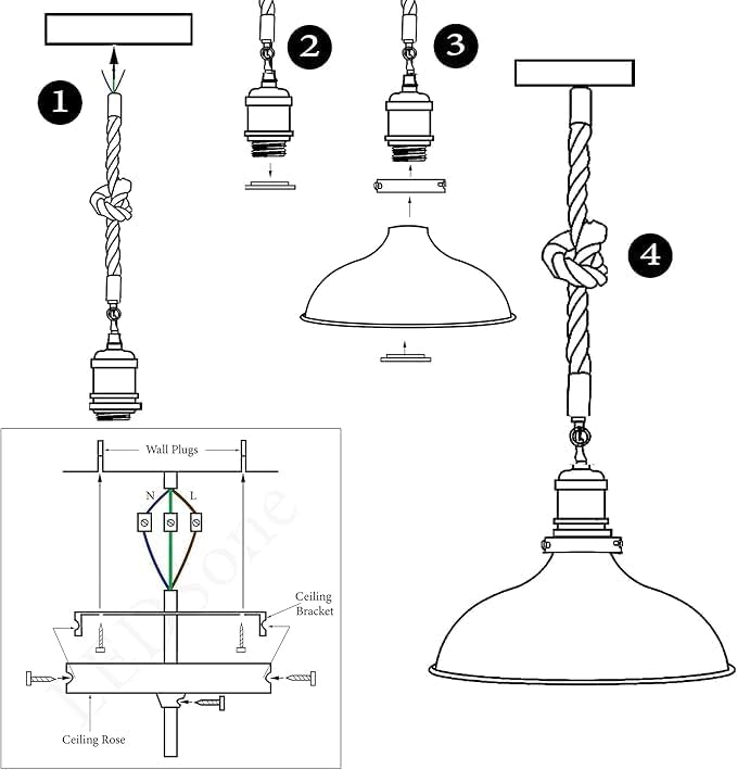 Industrial Pendant Light Metal Dome & Adjustable Hemp Rope Kitchen Dining Bar ~1947-3