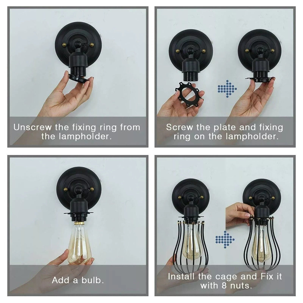 Industrial Cage Wall Light E27 Vintage Black Sconce~ 6004-3
