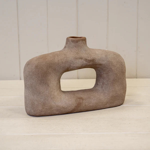 Brown Textured Wide Sculptured Vase 24.5cm x 7cm x 17cm-1