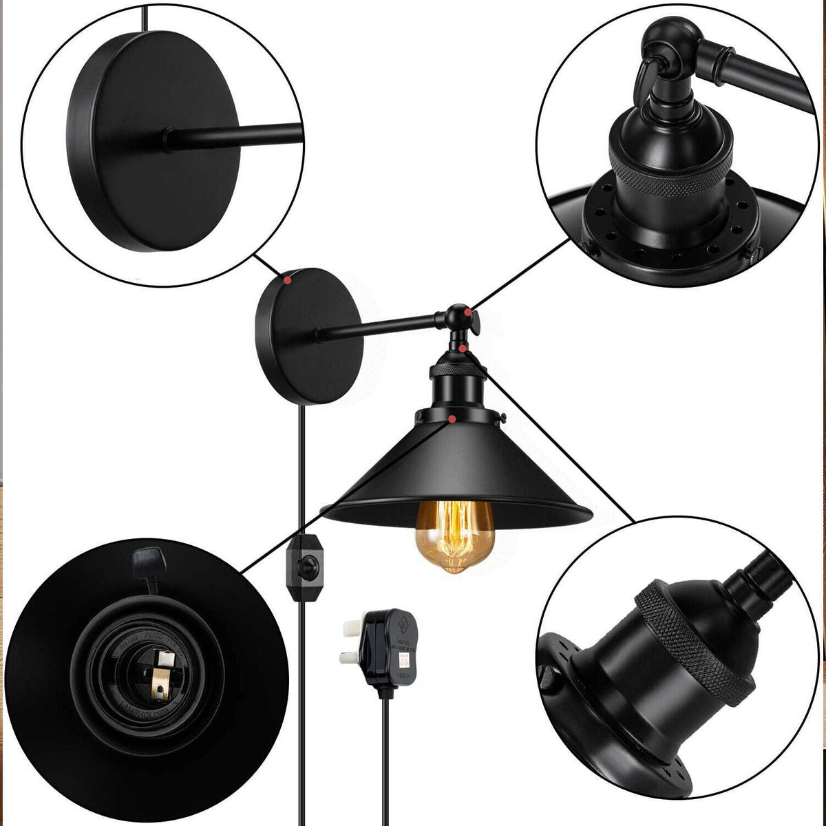 Industrial Black Adjustable arm  Plug-in Wall Lights ~ 6034-4