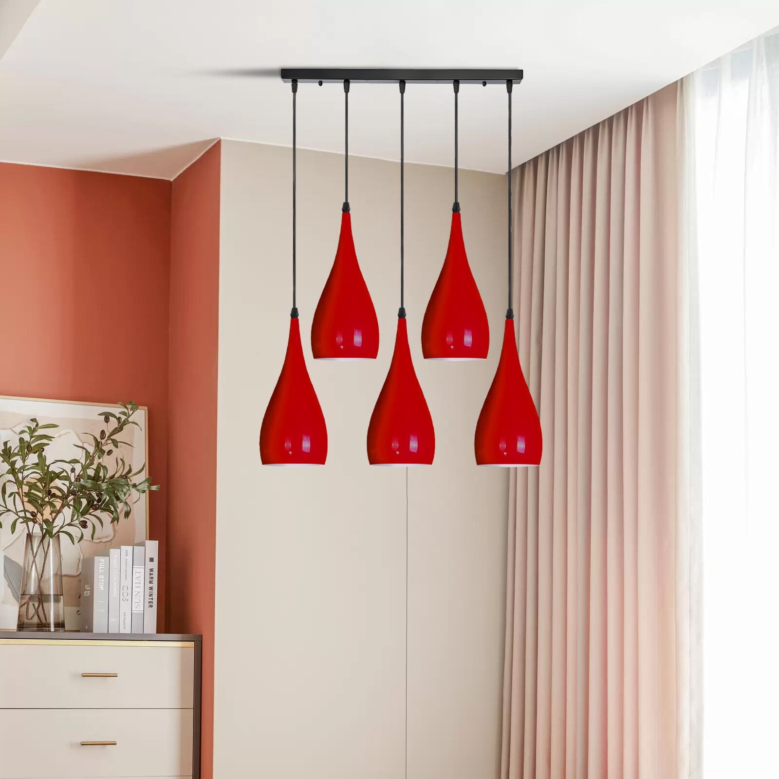 5-Way Linear Teardrop Pendant Light for Kitchen Islands Multi Drop Cluster E27 ~6107-3