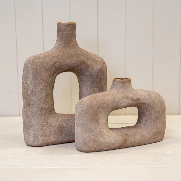 Brown Textured Wide Sculptured Vase 24.5cm x 7cm x 17cm-2