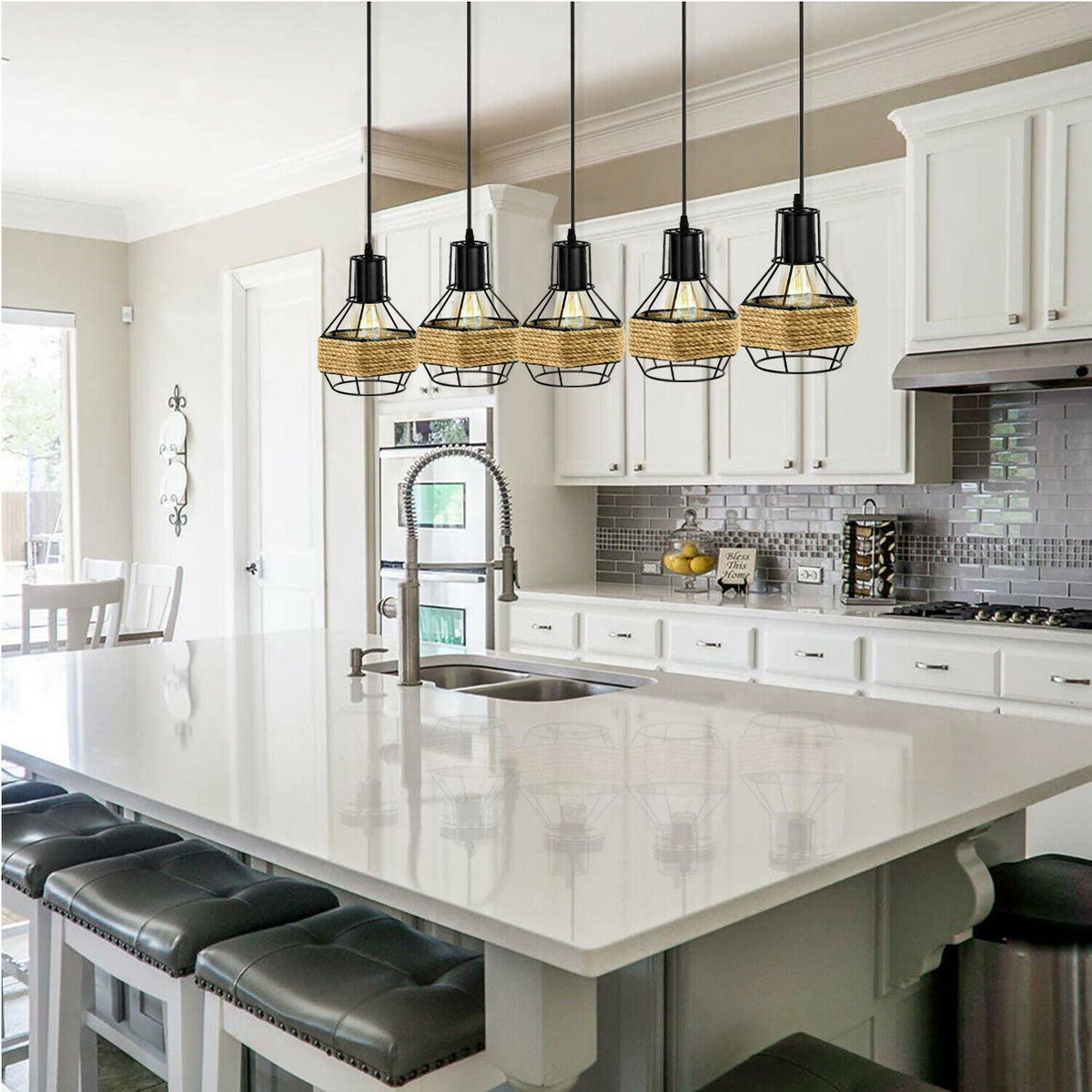 Industrial Hemp Rope Chandelier 5 Head Metal Ceiling Pendant Light~1633-1