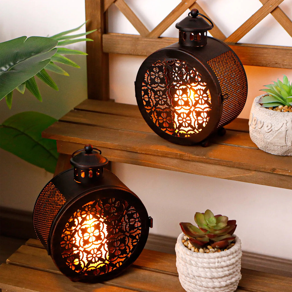 Set of 2 Round Vintage Metal Candle Lanterns 7.5" H-2