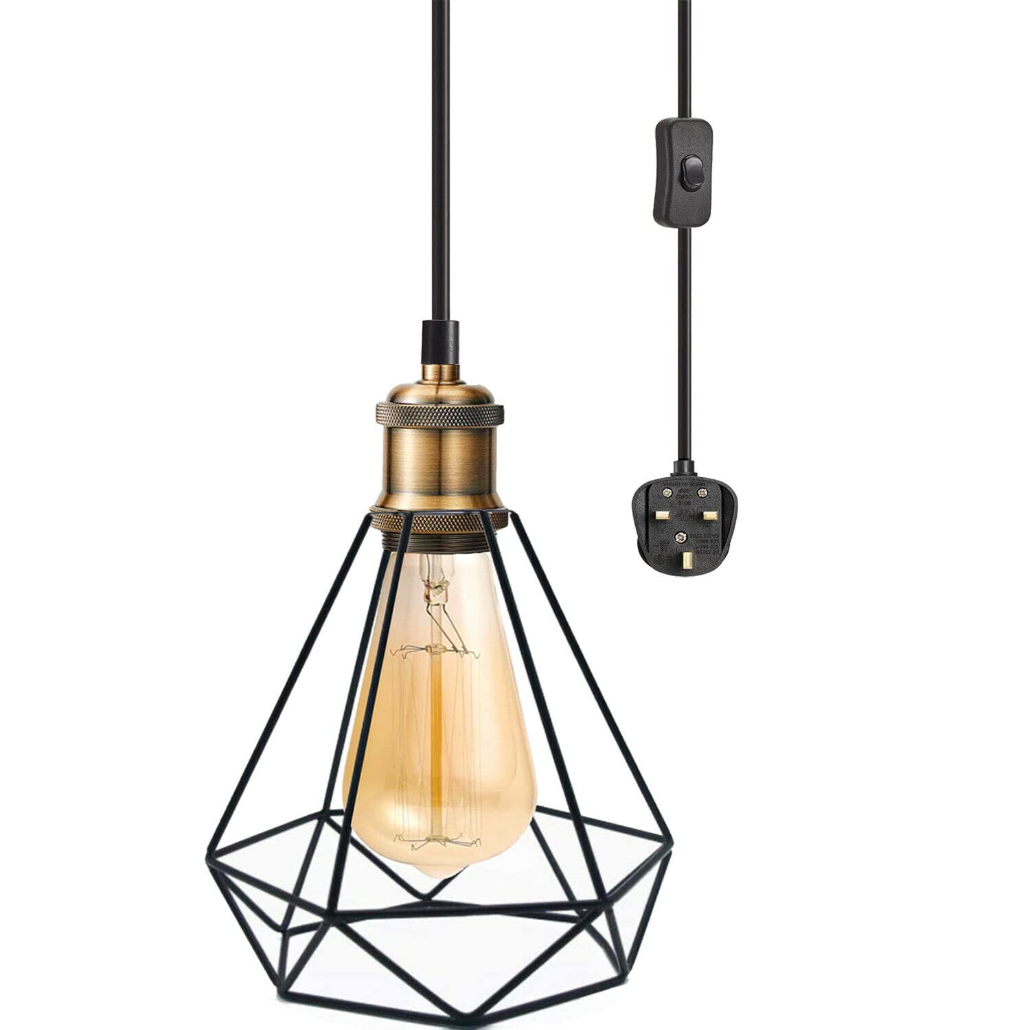 Plug In Pendant Light | Black Diamond Wire Cage | 4M Cord & Inline Switch ~6221-6