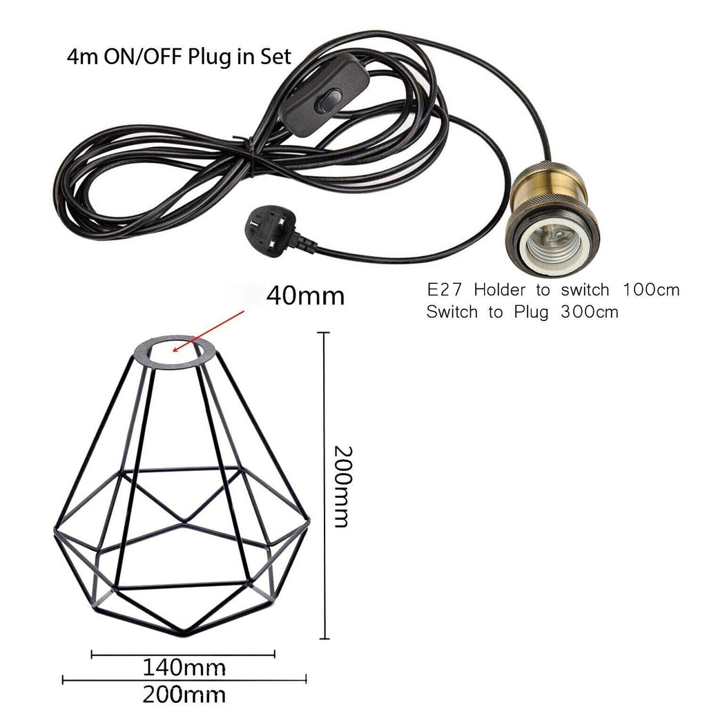 Plug In Pendant Light | Black Diamond Wire Cage | 4M Cord & Inline Switch ~6221-1