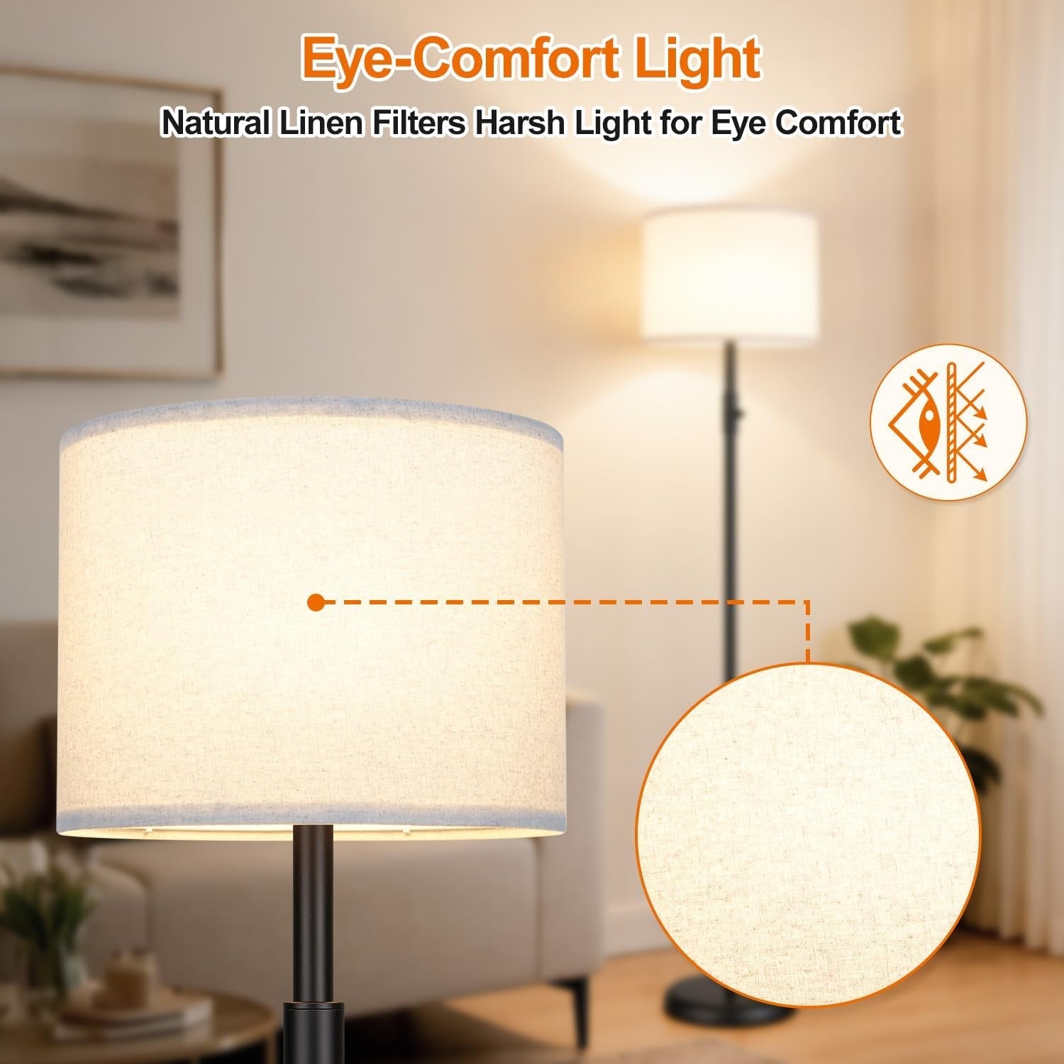 Black Dimmable Tall Floor Lamp 1000Lumens Linen Shade-4
