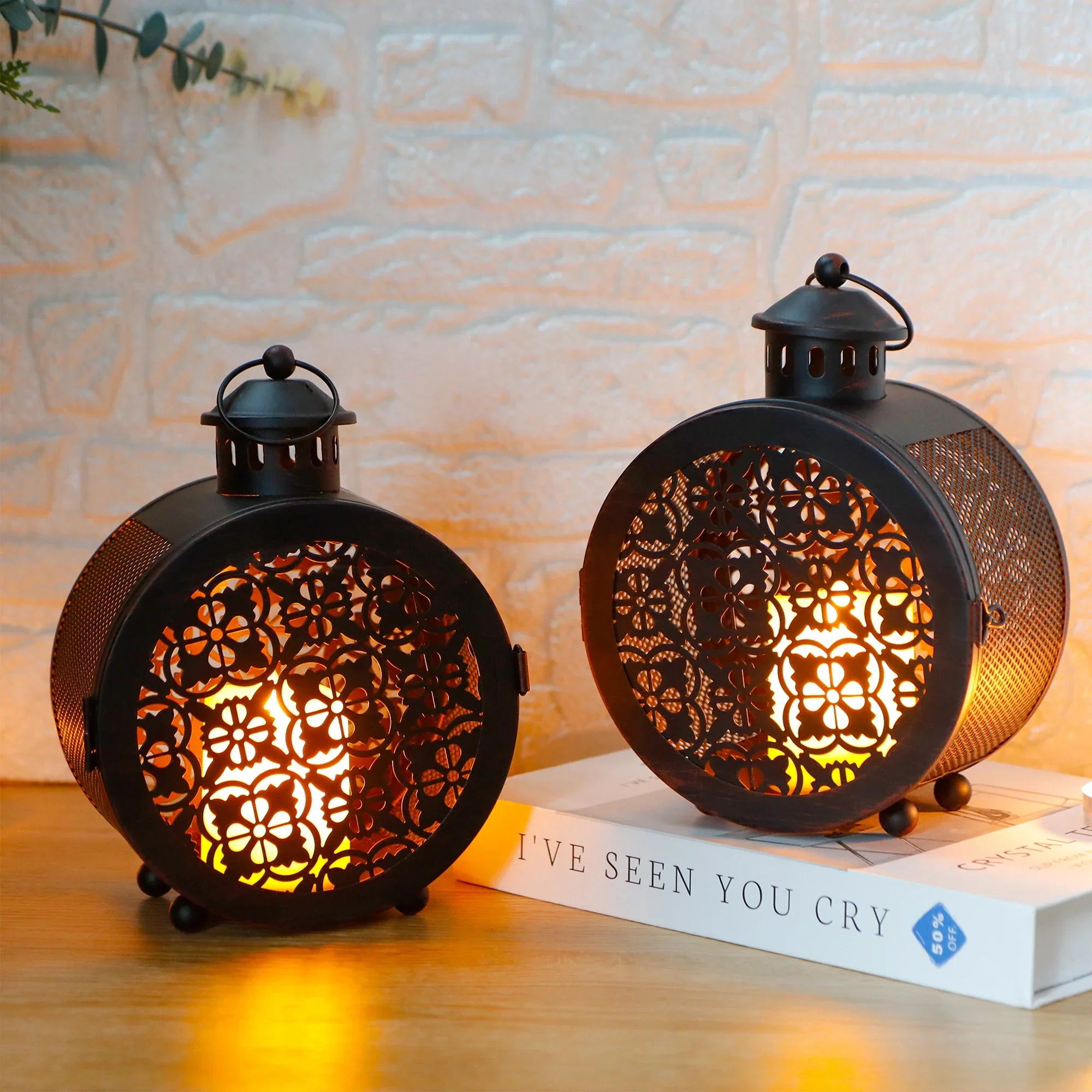 Set of 2 Round Vintage Metal Candle Lanterns 7.5" H-3