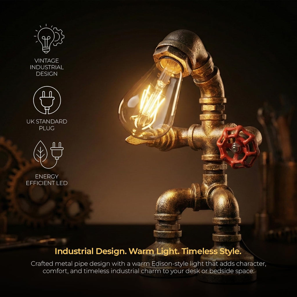 Steampunk Industrial Pipe Table Lamp E27 Metal Vintage Desk Light ~6556-3