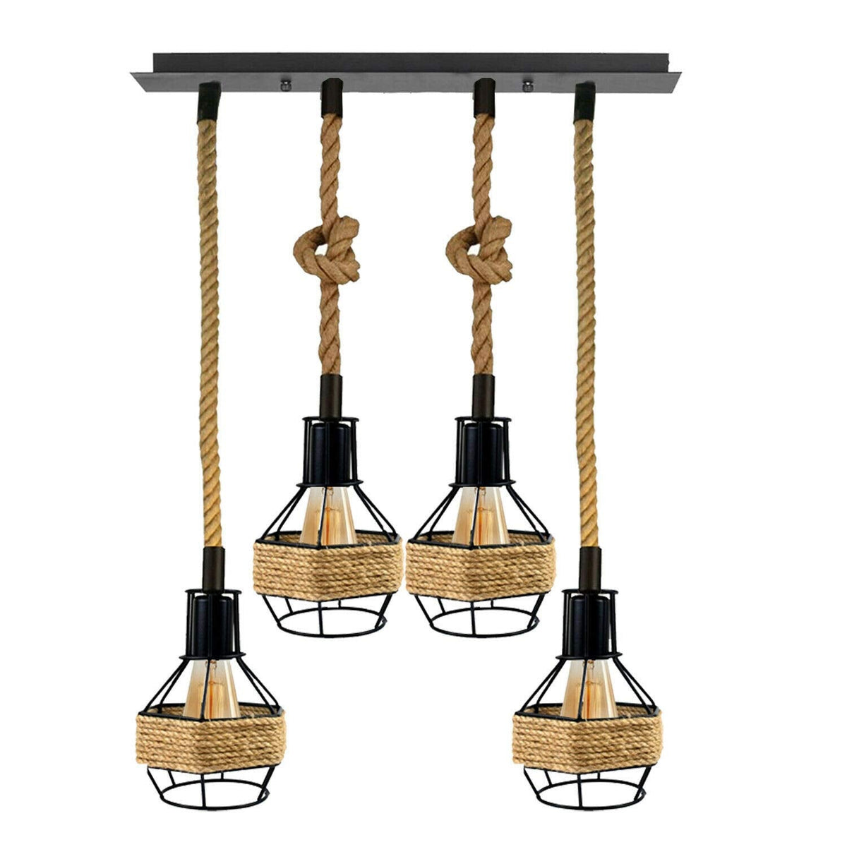 Industrial Hemp Rope Pendant Light - Black Cage  E27 Lamp ~ 6203-9