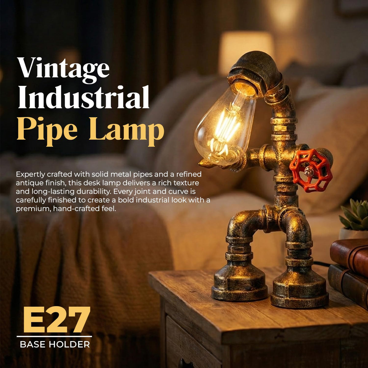 Steampunk Industrial Pipe Table Lamp E27 Metal Vintage Desk Light ~6556-4