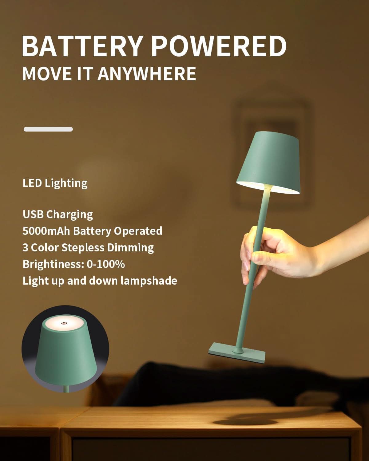 Two Pack Cordless LED Table Lamp 5000mAh Battery Portable Dimmable Green Desk Lamp With 3 Color Temperatures-3
