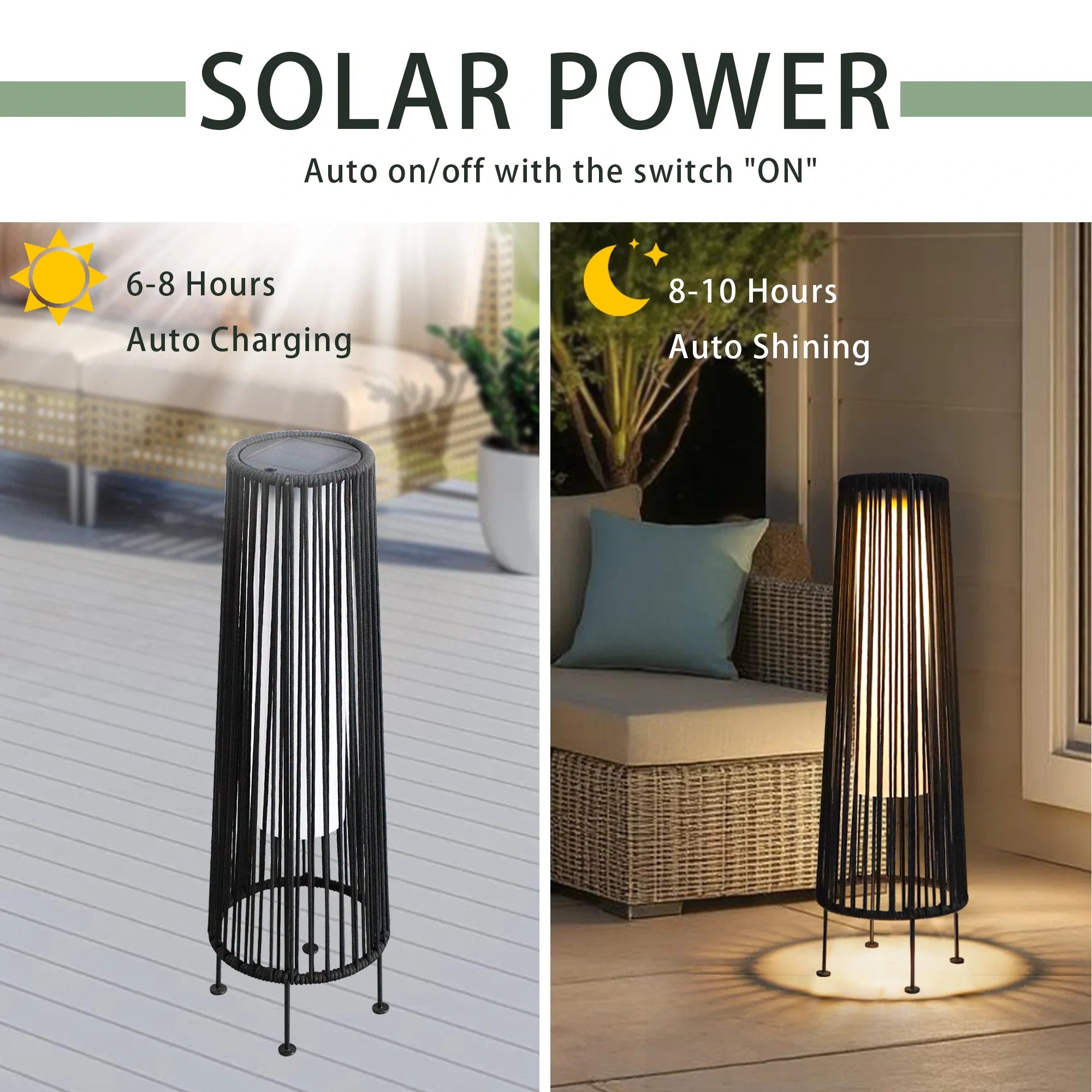2 Piece Solar Powered Lantern Wicker Solar Patio Lamp Black-3