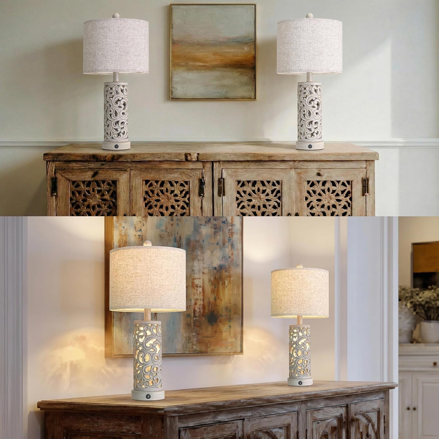 22 Inch Farmhouse Bedside Lamps with USB Night Light Set of 2-1