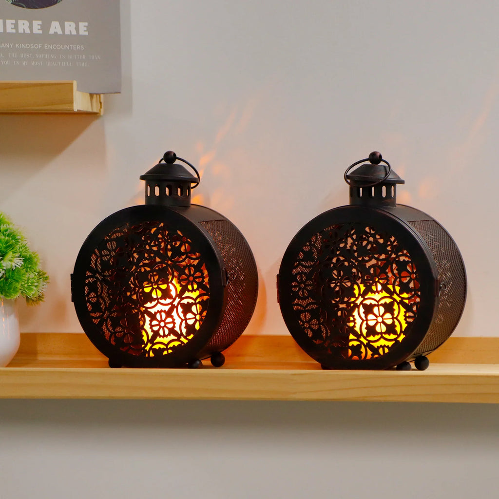 Set of 2 Round Vintage Metal Candle Lanterns 7.5" H-4