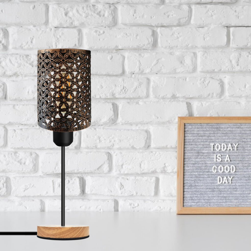 Industrial Barrel Cage Table Lamp Wooden Base E27 Plug-In~5349-3
