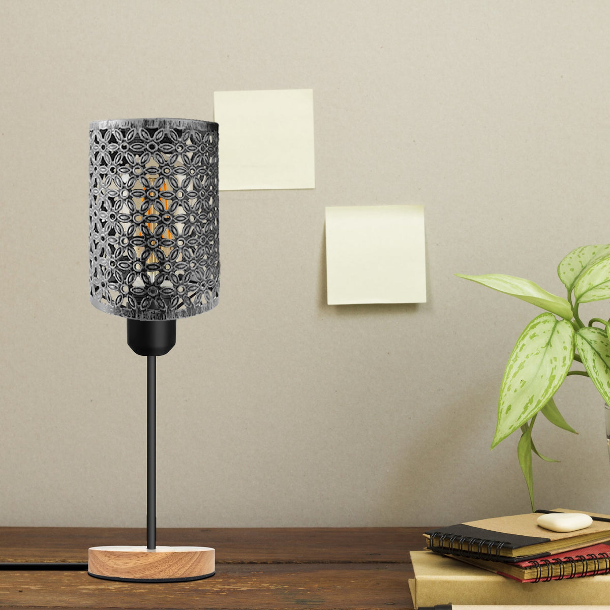 Industrial Barrel Cage Table Lamp Wooden Base E27 Plug-In~5349-2