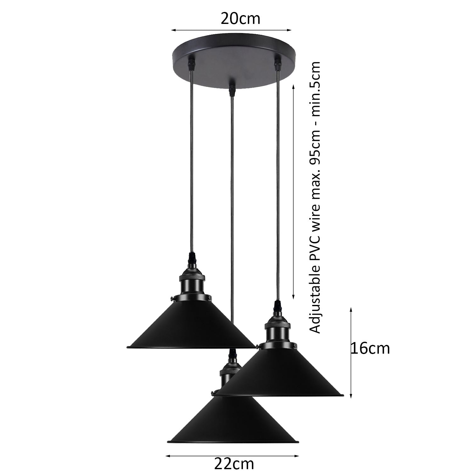 Black Metal Cone Shade Pendant Light Fixture~3393-3