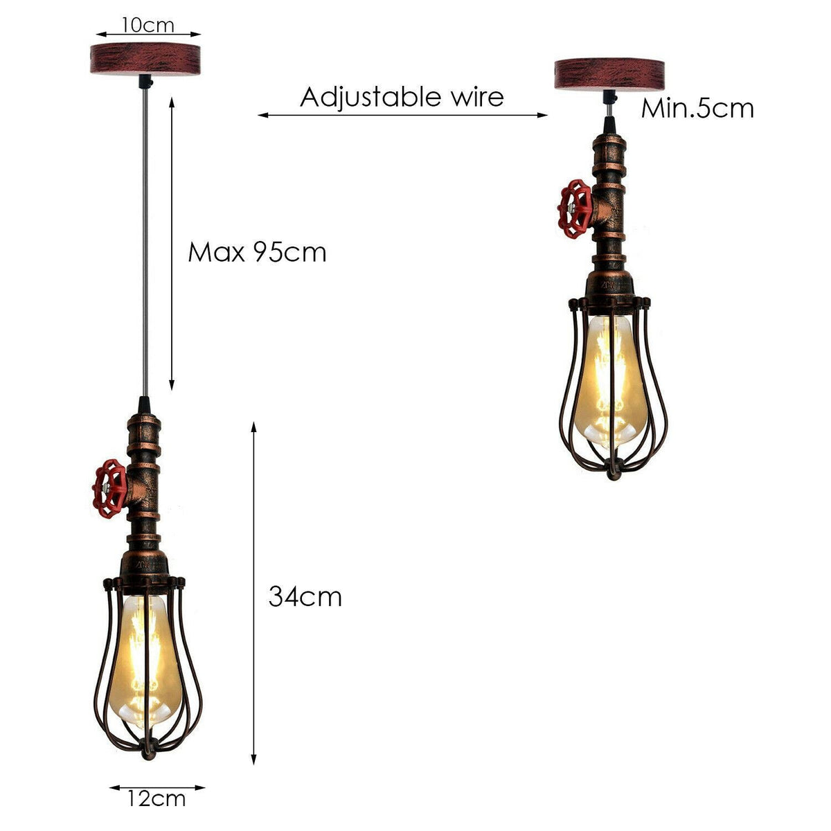 Rustic Red Pendant Light Steampunk Pipe Light Balloon Cage Lamp Hanging Indoor Light Fitting For Kitchen, Living room~1194-2