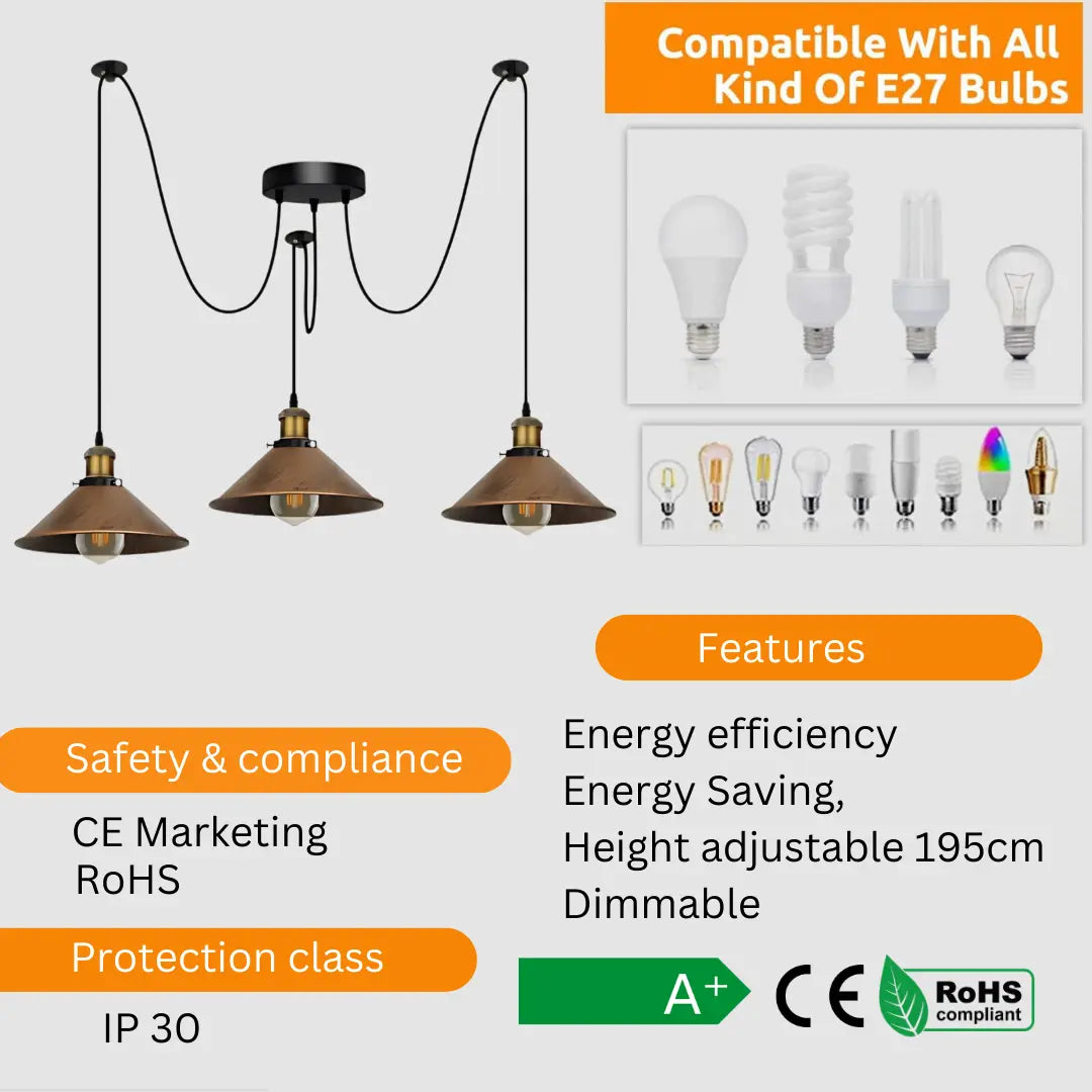Spider Pendant Lamp 3 Way Hanging Brushed Copper Ceiling Lamp Lighting~4069-3