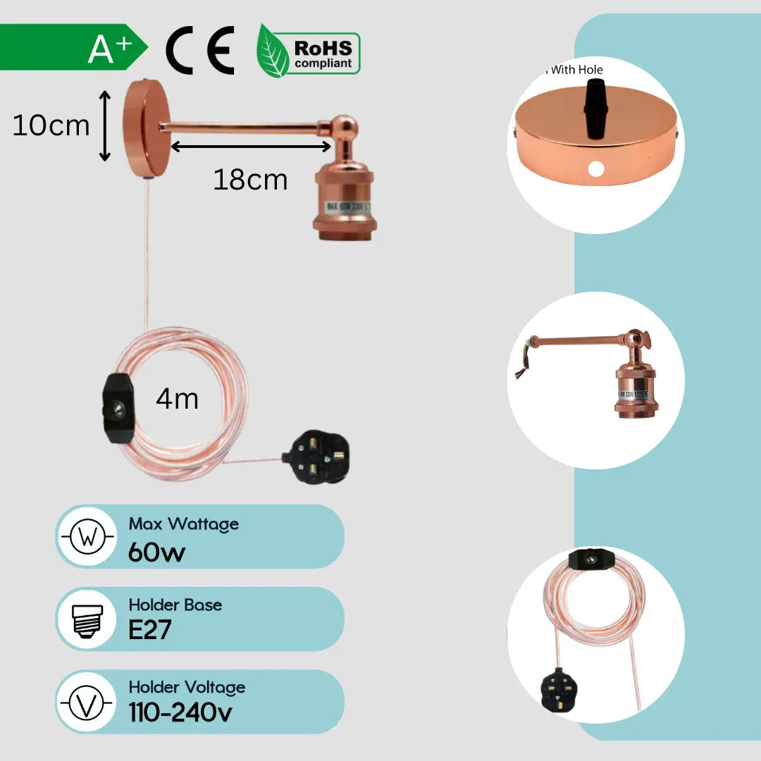 Wall Plug-in lights Vintage Wall Sconce Lamp Rose Gold ~1453-1