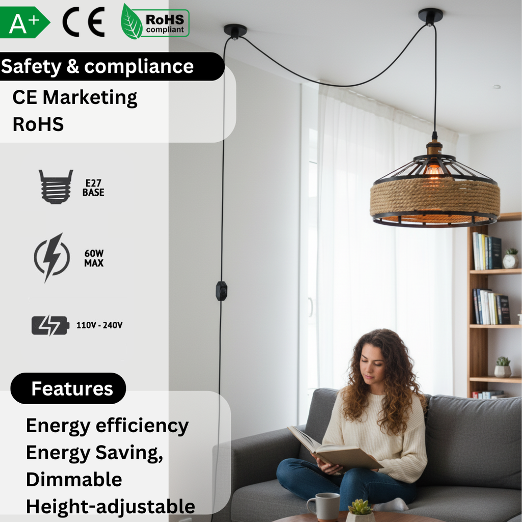 2m Plug in Pendant Light Hemp Rope with Dimmer ~6447-2