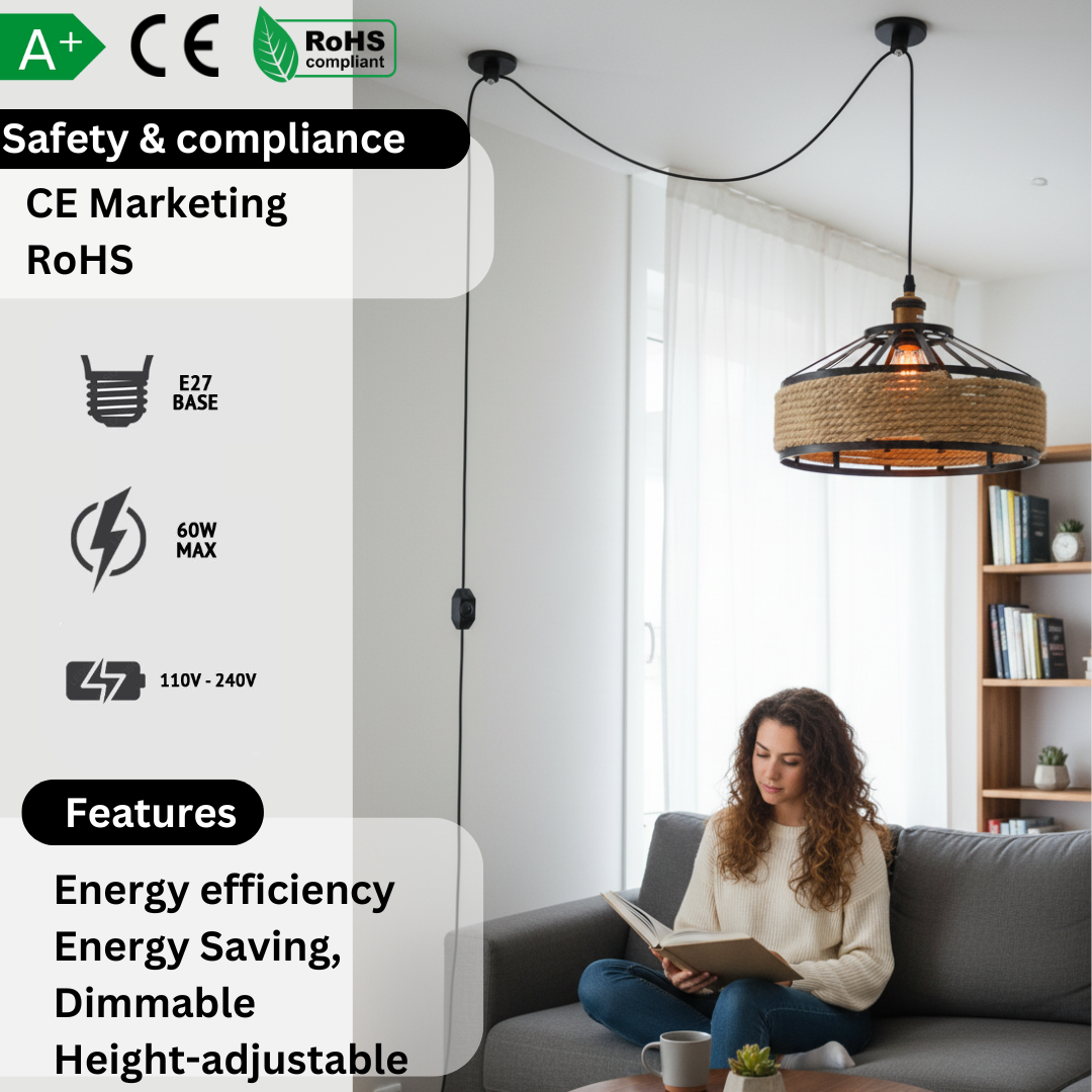 2m Plug in Pendant Light Hemp Rope with Dimmer ~6447-2