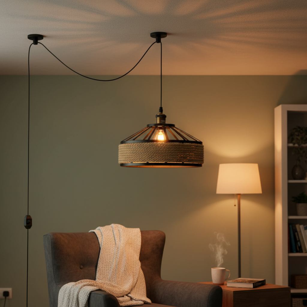 2m Plug in Pendant Light Hemp Rope with Dimmer ~6447-0