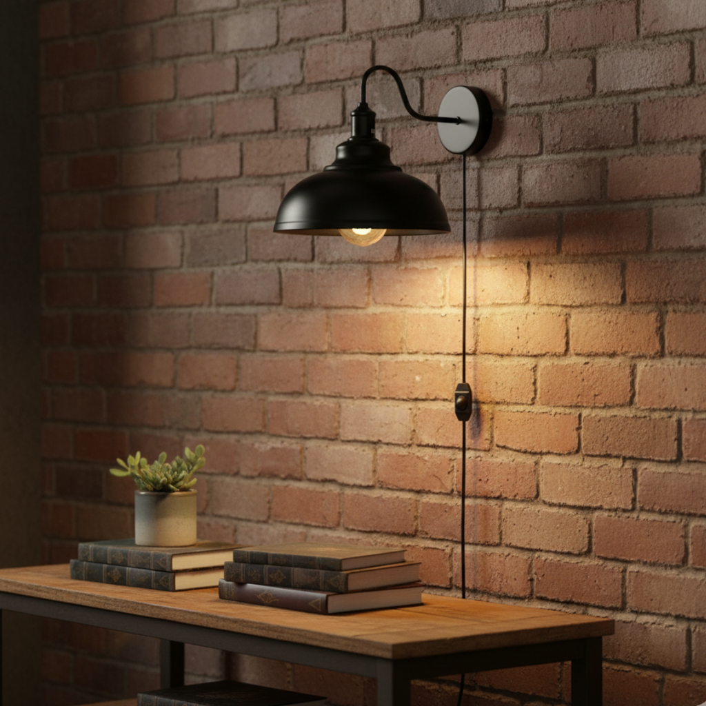2m Black Plug In Wall Light with Dimmer ~6448-0