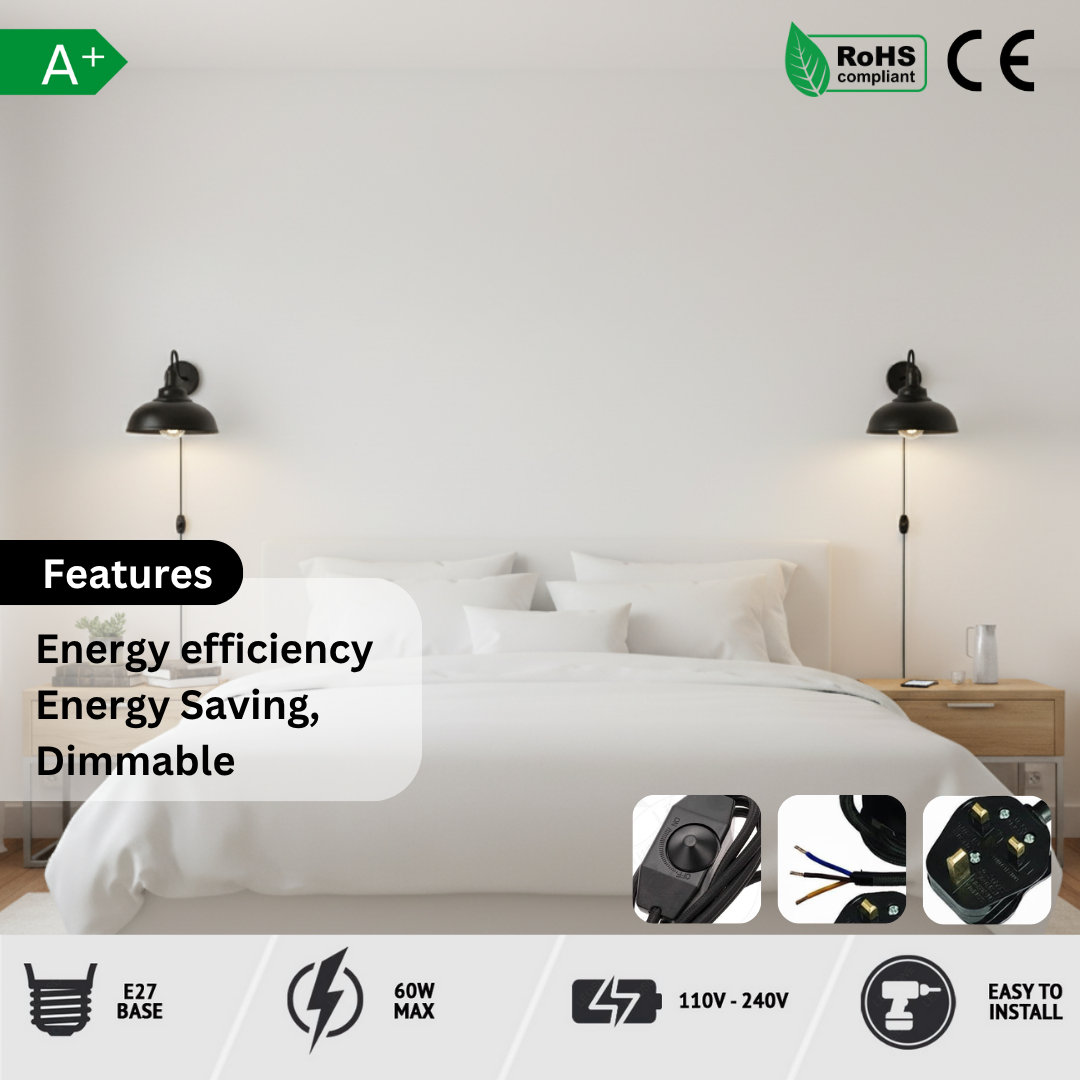 2m Black Plug In Wall Light with Dimmer ~6448-3