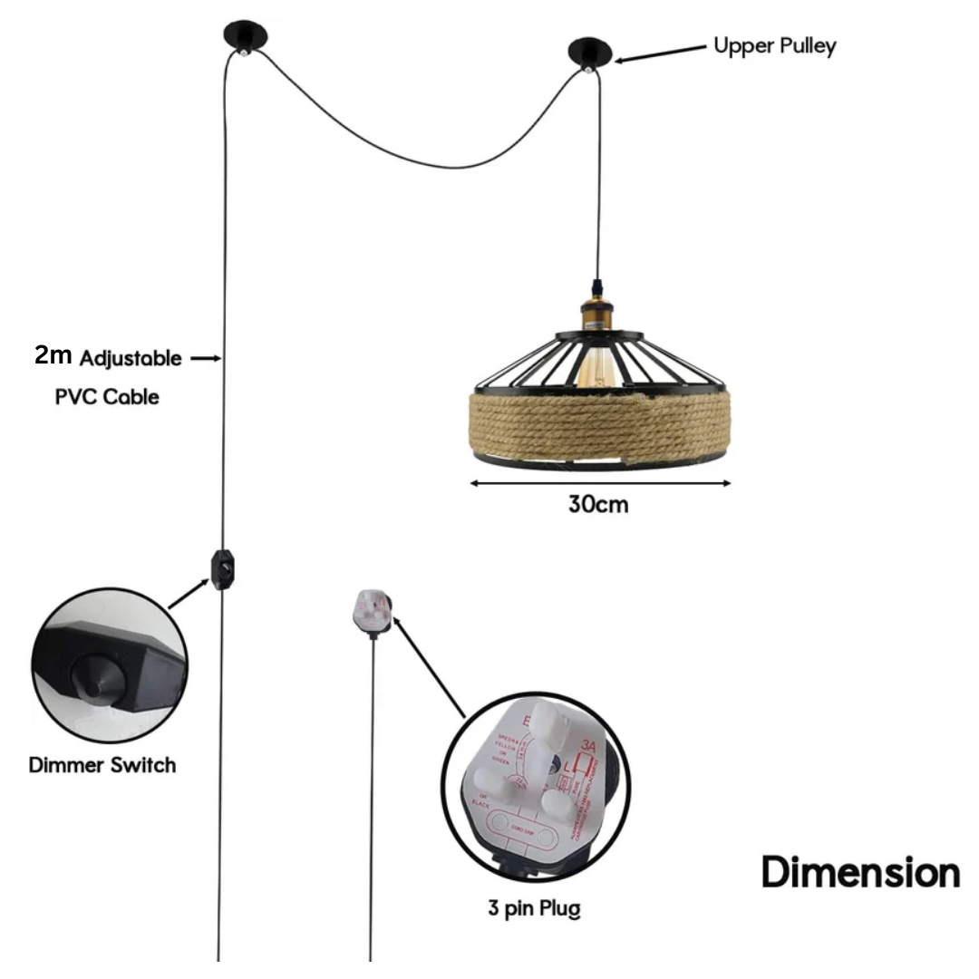 2m Plug in Pendant Light Hemp Rope with Dimmer ~6447-1