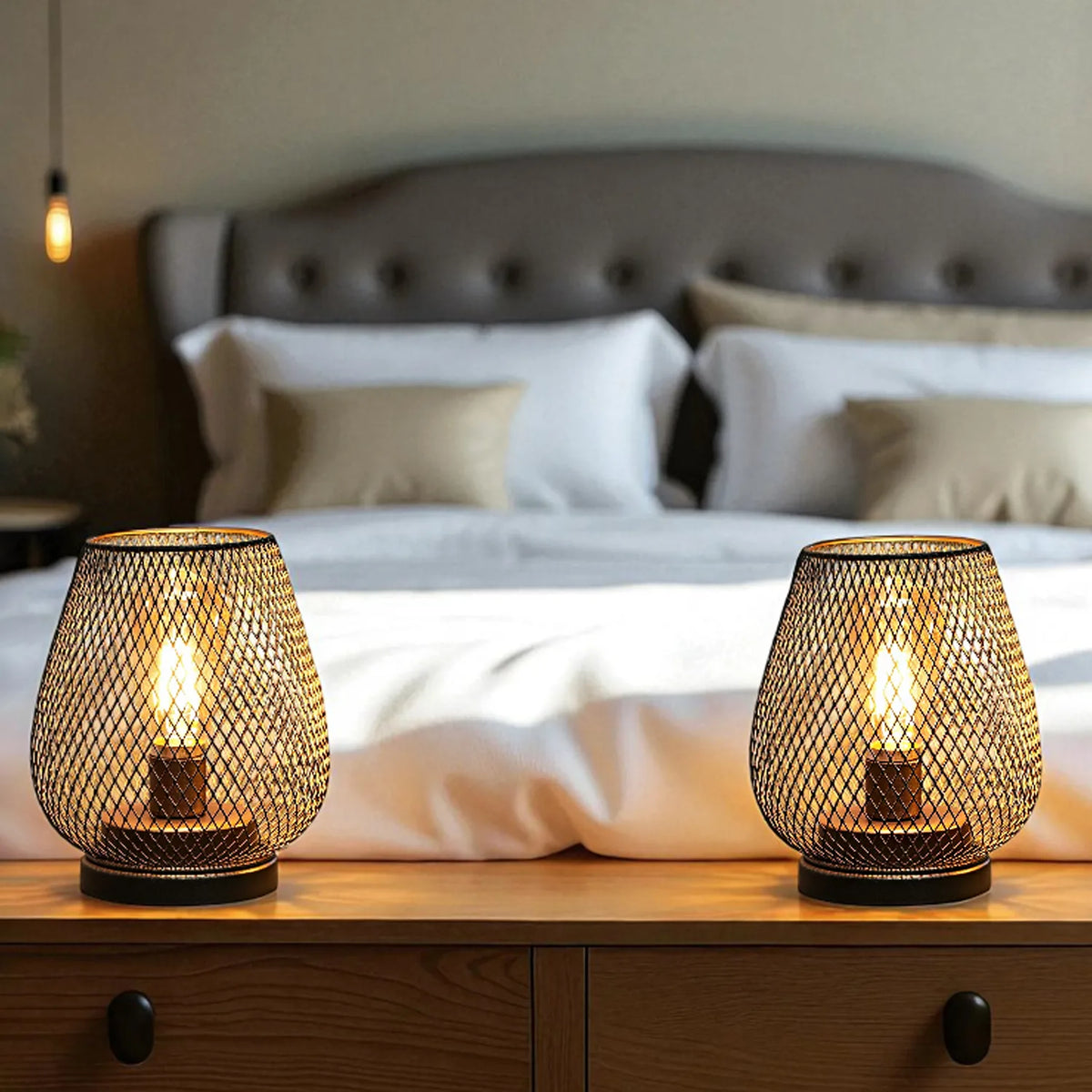 Set of 2 Metal Cage LED Battery Powered Lamp-1