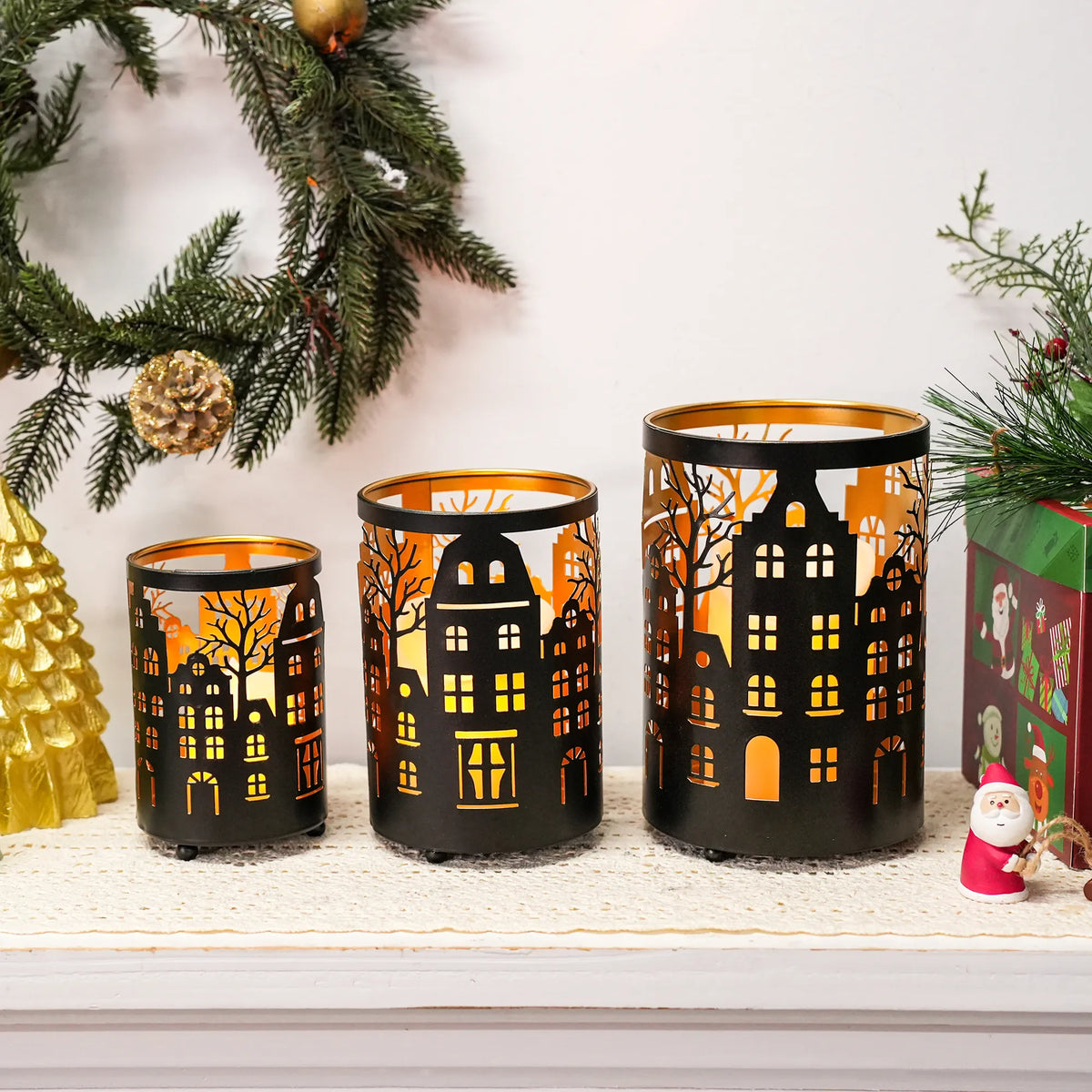 12PCS Village Silhouette Candle Lantern 7.5" H Etched Bronze Metal Candle Holder Decorations for Living Room Tabletop Parties Patio Entryway Indoors Outdoors-3