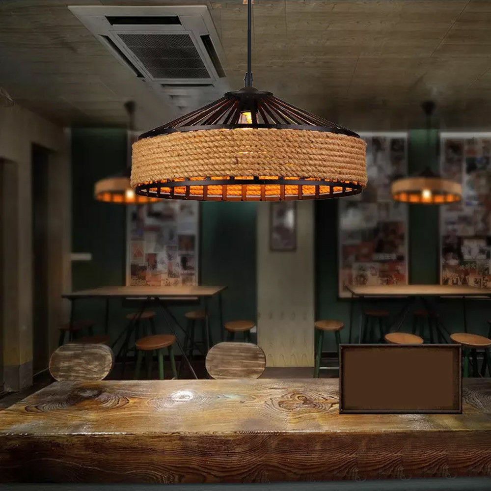 Vintage Industrial Hemp Rope Cage Pendant Lamp E27 Adjustable~5949-3
