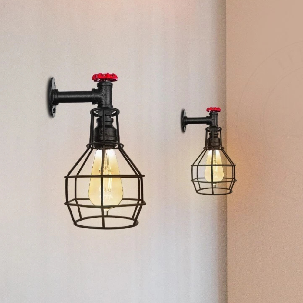 Black Industrial Pipe Cage Wall Light E27 Vintage~ 3531-4