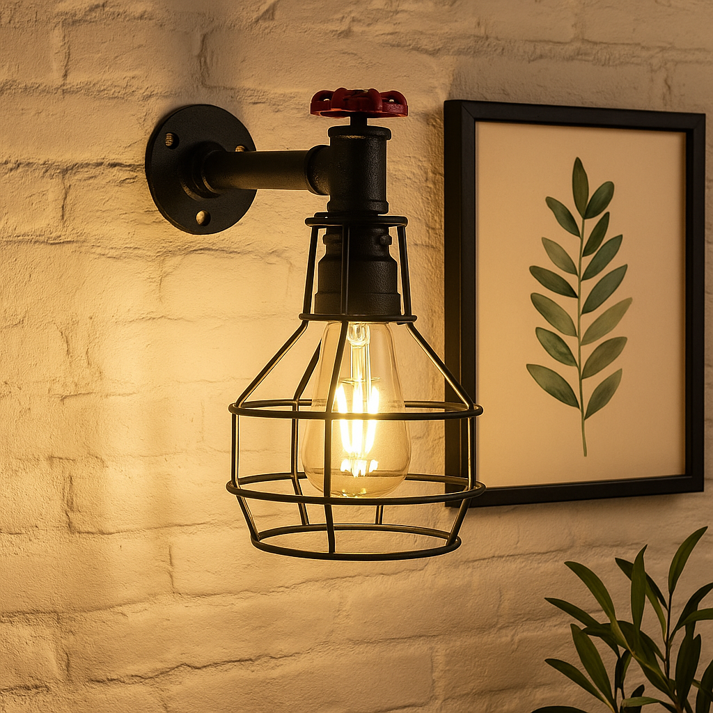 Black Industrial Pipe Cage Wall Light E27 Vintage~ 3531-0
