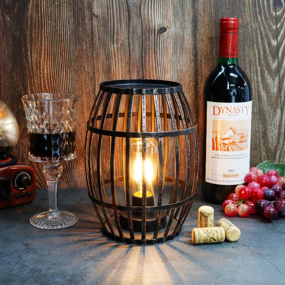 8"H Cordless Metal Wine Barrel Lamp(Black Brushed Gold)-0