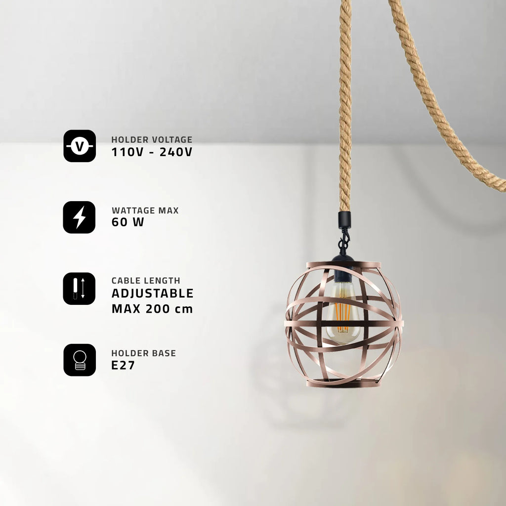 Industrial Hemp Cord Pendant Light Copper Wire Cage Fitting~5087-2