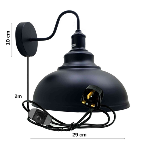 2m Black Plug In Wall Light with Dimmer ~6448-1