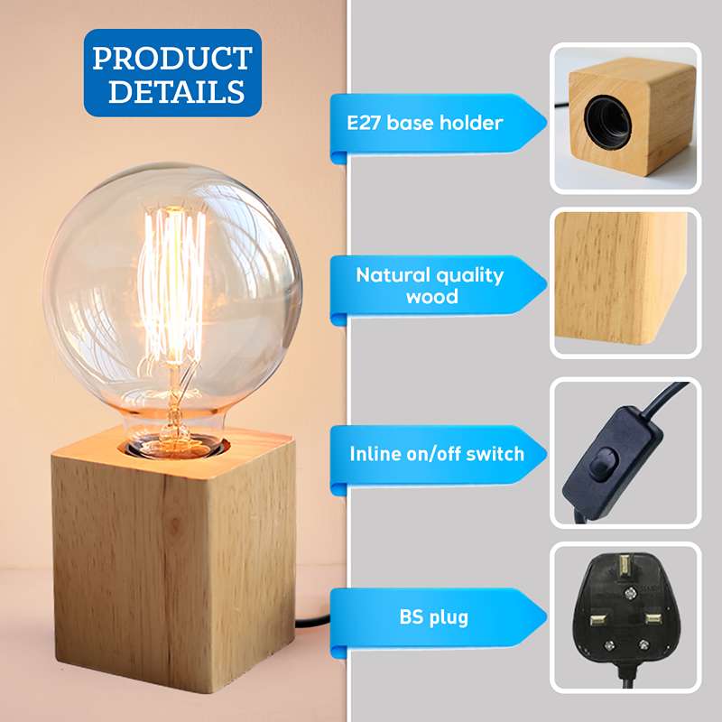 Nordic Wood Table Lamp Base E27 Plug In with Switch~4557-3