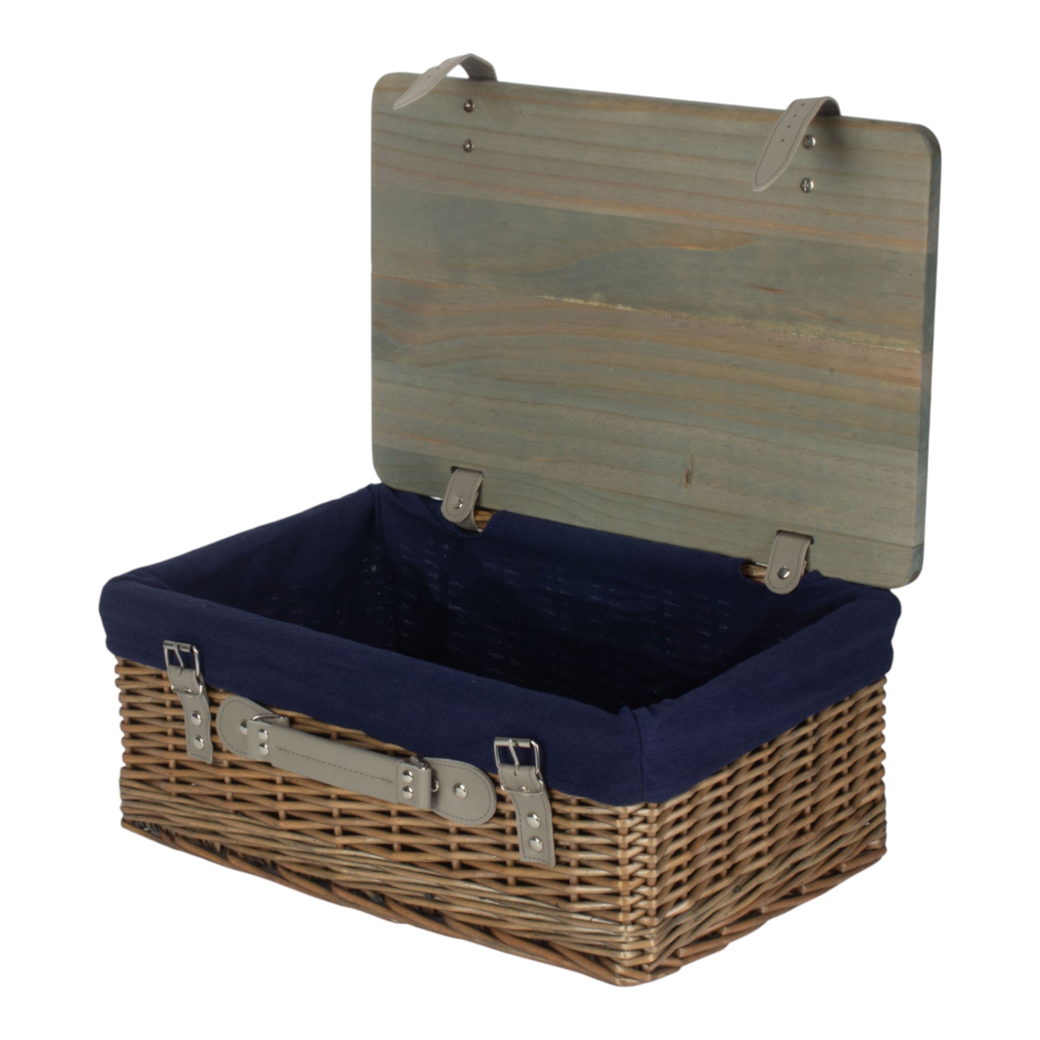 Antique Wash Navy Lined Willow Empty Picnic Basket with Pinewood Lid-0