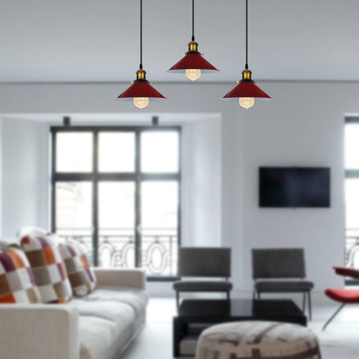 Retro 3-Way Rectangle Base Multi-Pendant Light Industrial Wide Shade~5306-3