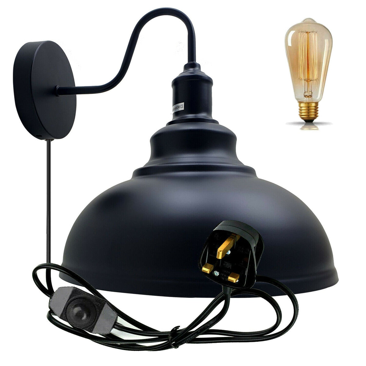 2m Black Plug In Wall Light with Dimmer ~6448-5