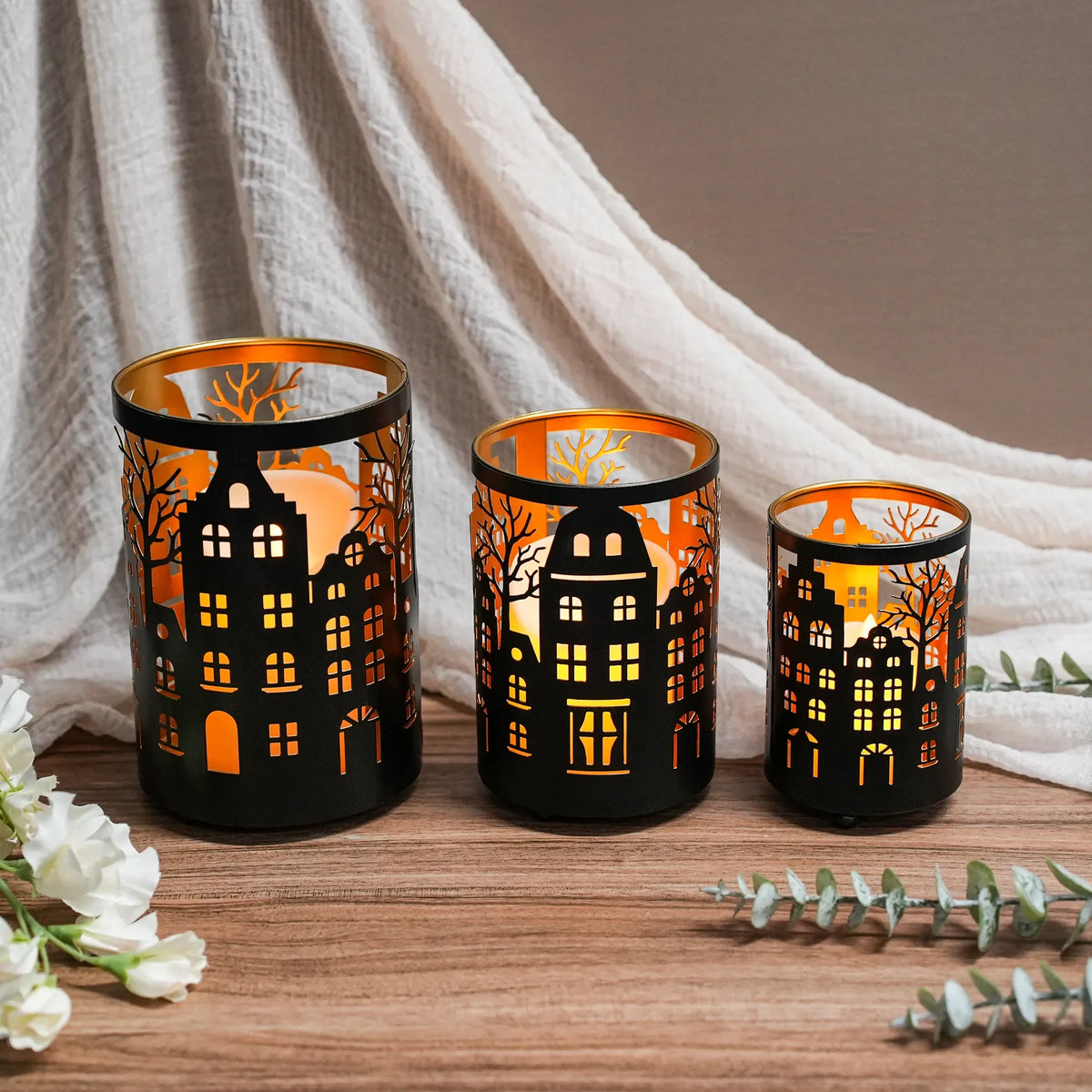 12PCS Village Silhouette Candle Lantern 7.5" H Etched Bronze Metal Candle Holder Decorations for Living Room Tabletop Parties Patio Entryway Indoors Outdoors-4
