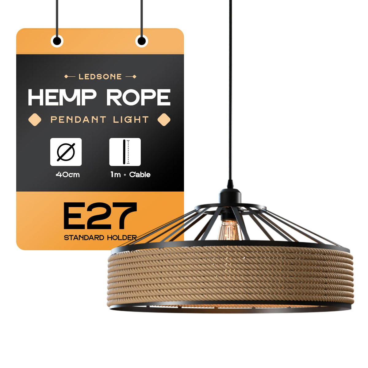 Vintage Industrial Hemp Rope Cage Pendant Lamp E27 Adjustable~5949-0