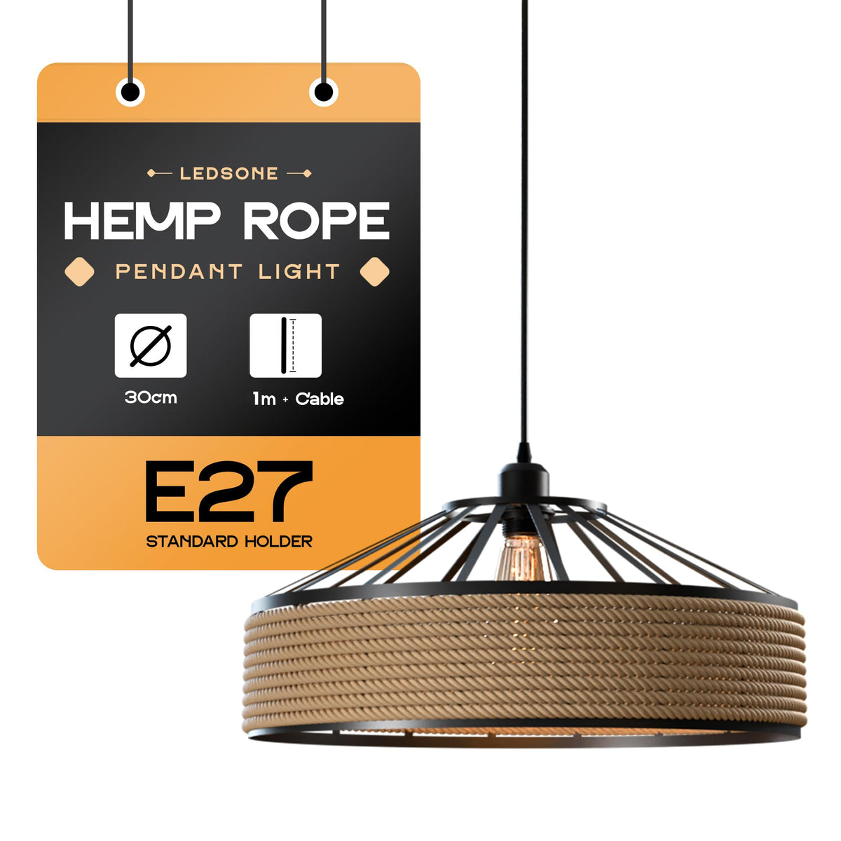 Vintage Industrial Hemp Rope Cage Pendant Lamp E27 Adjustable~5949-5