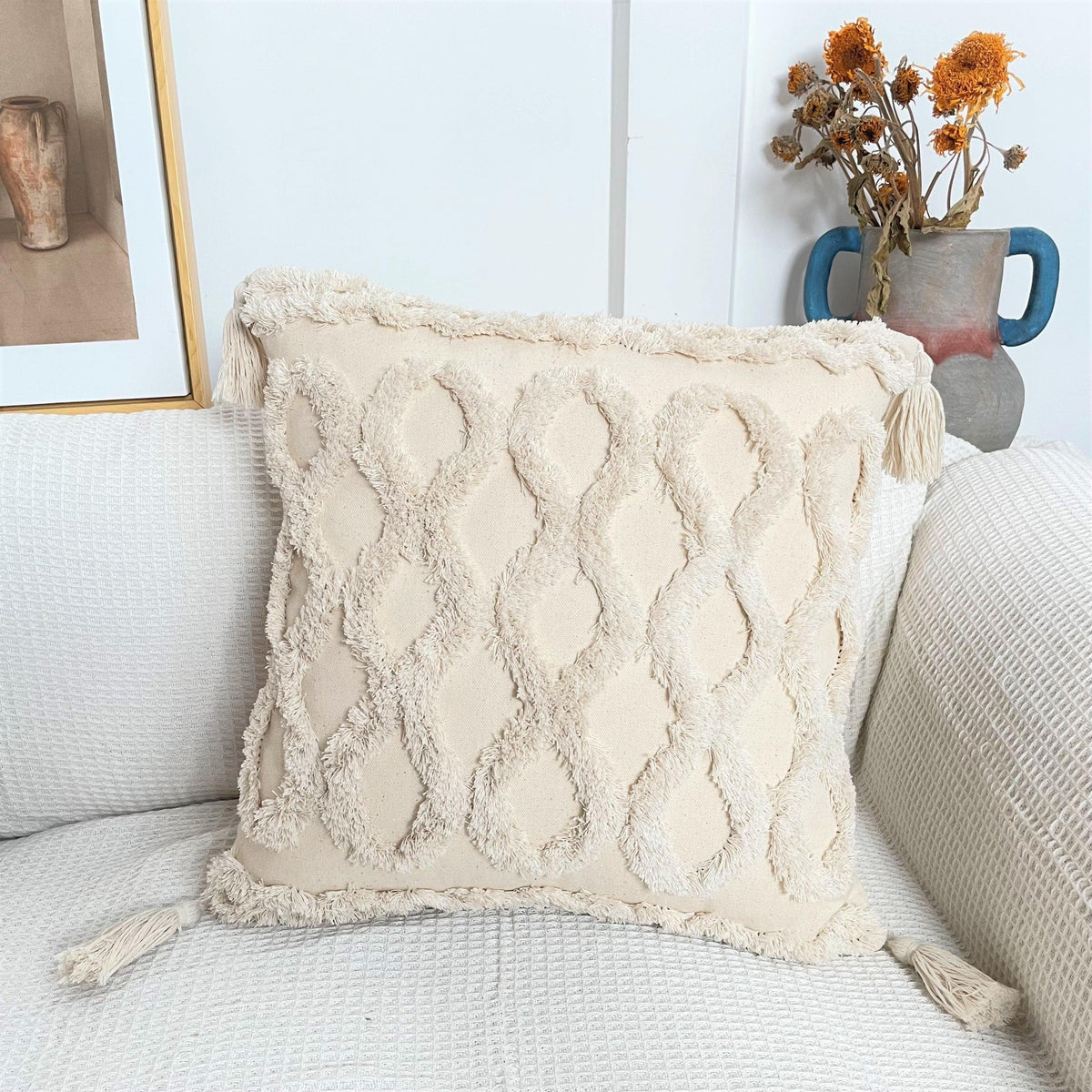Boho Cotton Cushion Cover with Tassels | Tufted Design - 45x45cm Home Decoration