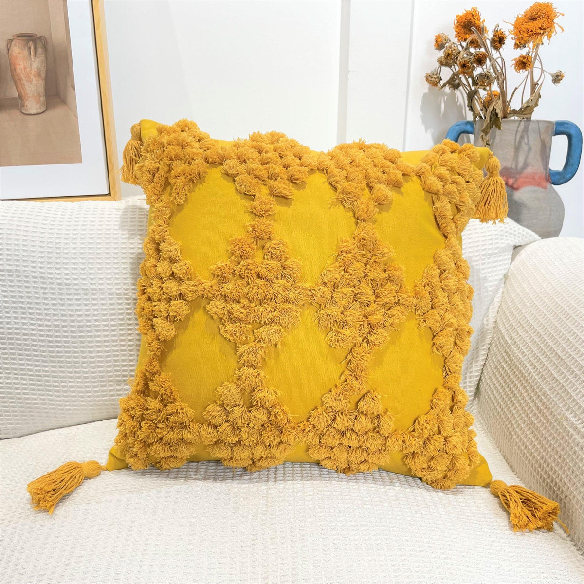 Boho Cotton Cushion Cover with Tassels | Tufted Design - 45x45cm Home Decoration
